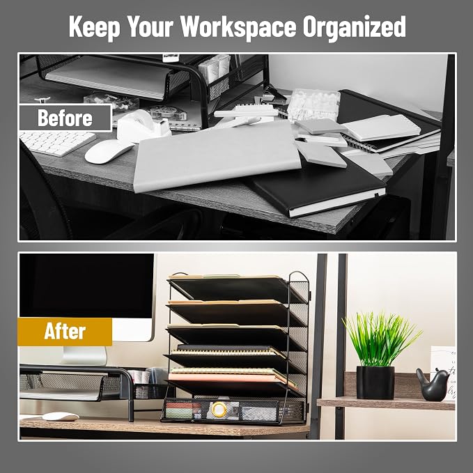 Mind Reader 5 Tier Desk Organizer, Black | Sliding Trays and Drawer, Metal Mesh File Sorter, Angled Shelves, Divided Storage
