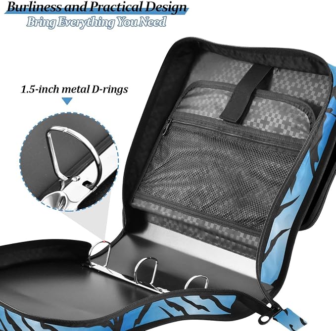 3 D-Ring Zipper Binder Bag, Blue Tiger Stripes Black Pattern Removable Binder with Zipper Case Hold 300+ Sheets& 13 Inch Laptop for School Office Supplies Organizer