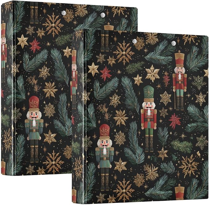 Gold Snowflake Xmas Nutcracker Binder 3 Ring 1.5 Inch Binder with Clipboard&Pockets, Hardcover Binders Heavy Duty Large File Folder for Office School Supplies - Holds 200 Sheets, 2 PC