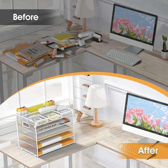 5 Tier Paper Letter Tray Desk Organizer with Pen Holders - White | Features 3 pen holders and 4 removable dividers.Versatile mesh desktop storage for mail, document,office supplie