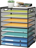 SUBEKYU 9 Tier Paper Organizer for Desk - Black Metal Mesh Letter Tray File Paper Sorter Organizer Include 6 Pcs Adjustable Height Slid Tray with Handles for Office School Home Organization Storage