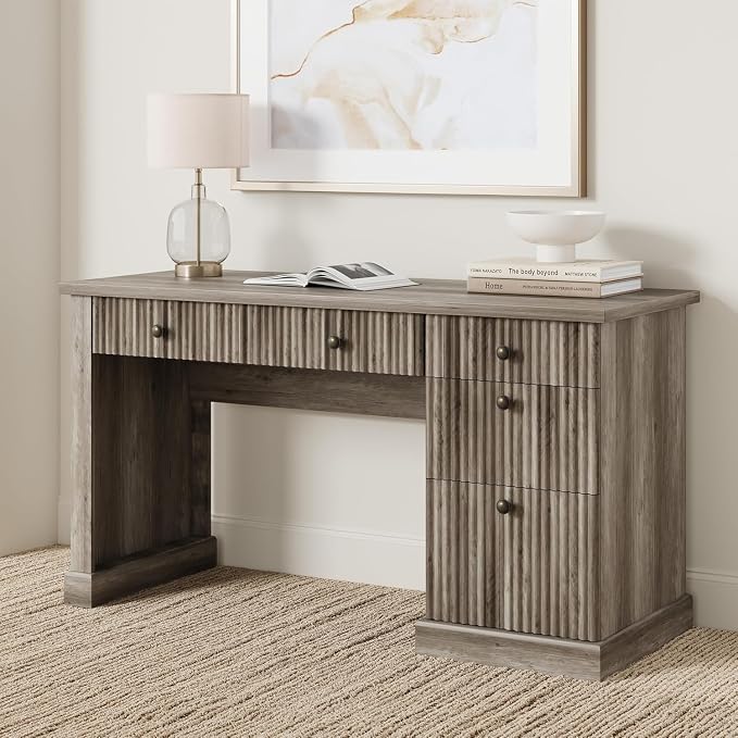 Garvee 54" Fluted Home Office Desk with File Drawer for Home Office | Modern Executive Desk with Charging Station, Wooden Computer Writing Desk for Study Room, Grey