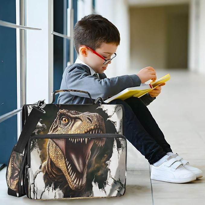 3 Ring Zipper Binder Dinosaur Binder Organizer Portfolio with File and Shoulder Strap & Handle Large Capacity File Folder