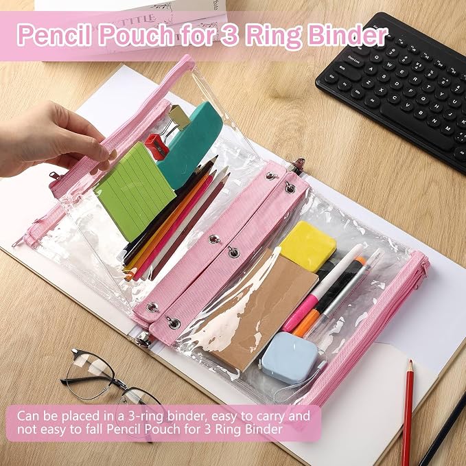 24 Pack Pencil Pouches for 3 Ring Binder Bulk Enlarge Clear Window Pencil Pouches Zipper Pen Case 3 Reinforced Grommet Pen Bag for Binder Utensil Organize Office Supplies(Pink)