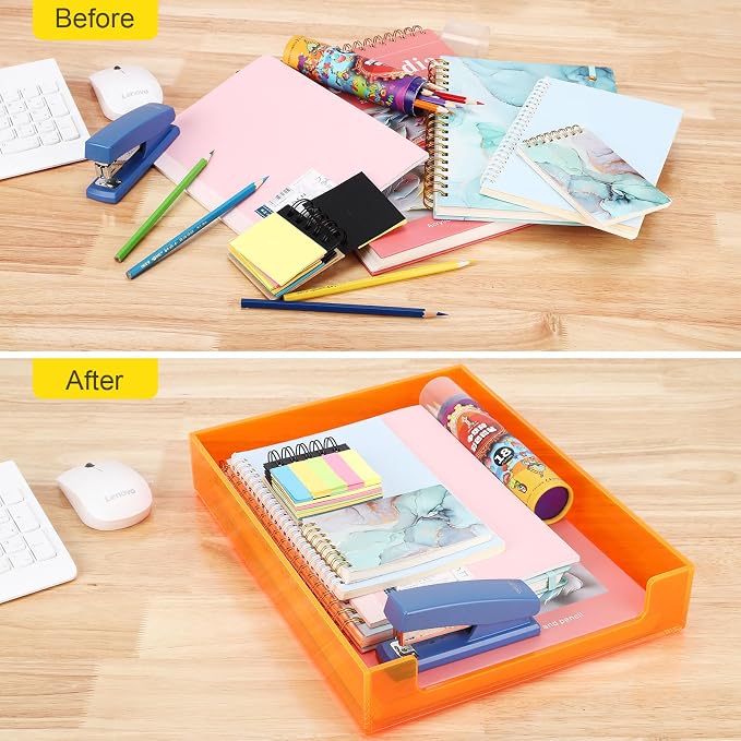 Paper Tray Acrylic File Organizer for Desk Letter Tray Desk Organizer Document Holder Sorter Storage for A4 Office Supplies Magazines, 13.8x10.6x2.4 Inches, Neon Orange
