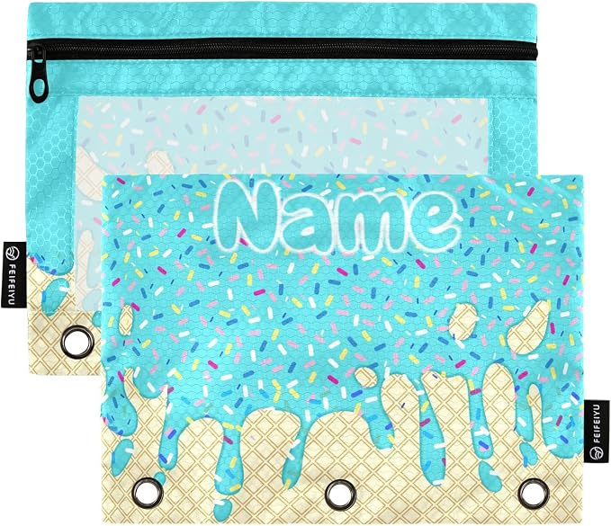 Custom Teal Blue Ice Cream Print Pencil Pouch for 3 Ring Binder, 2 Pack Personalized Name Waterproof Pencil Bags Clear Window Pencil Case School Office Supplies