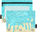 Custom Teal Blue Ice Cream Print Pencil Pouch for 3 Ring Binder, 2 Pack Personalized Name Waterproof Pencil Bags Clear Window Pencil Case School Office Supplies