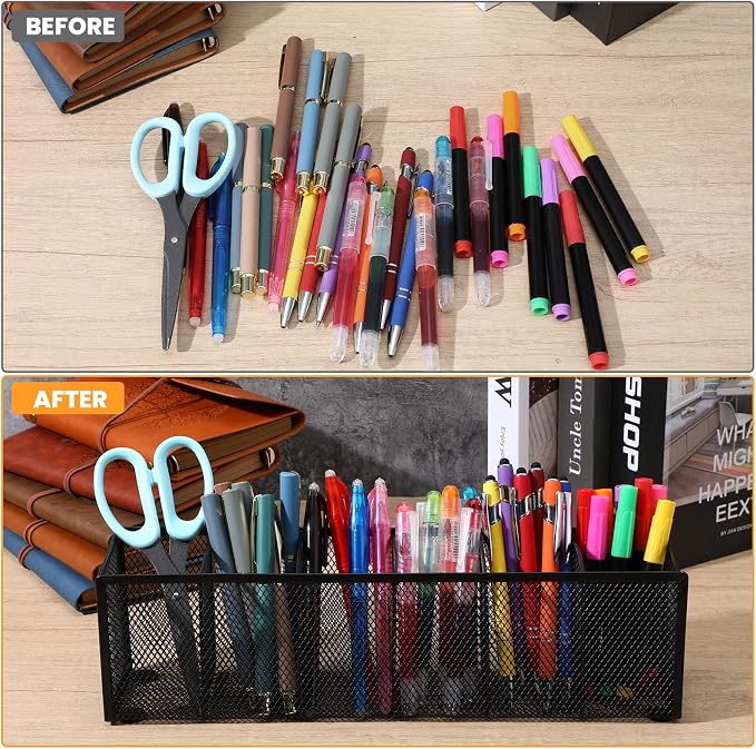 2 Pcs Mesh Desk Organizer Metal Mesh Pen Holder 6 Compartments Desktop Stationery Pencil Caddy Organizer Basket for Home School Classroom Teachers