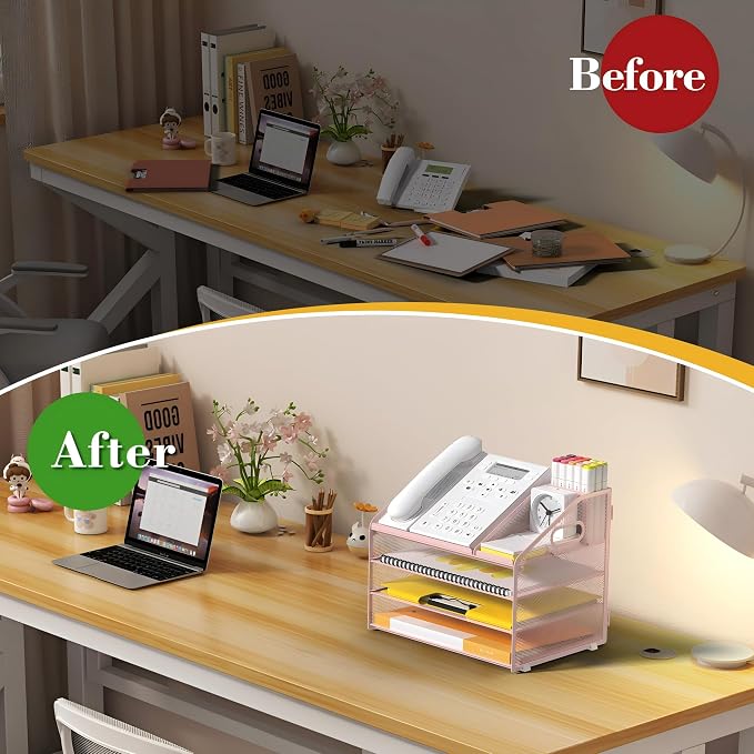 4 Tier Mesh Desk Organizer with Pen Holder and Handle Letter Tray | Metal desktop document shelf and paper sorter. Premium mesh workspace storage for office, home, and classroom