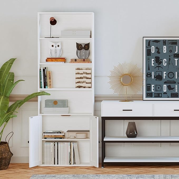 IRONCK Industrial Bookshelves and Bookcases with Doors Floor Standing 6 Shelf Display Storage Shelves 70 in Tall Bookcase for Home Office, Living Room