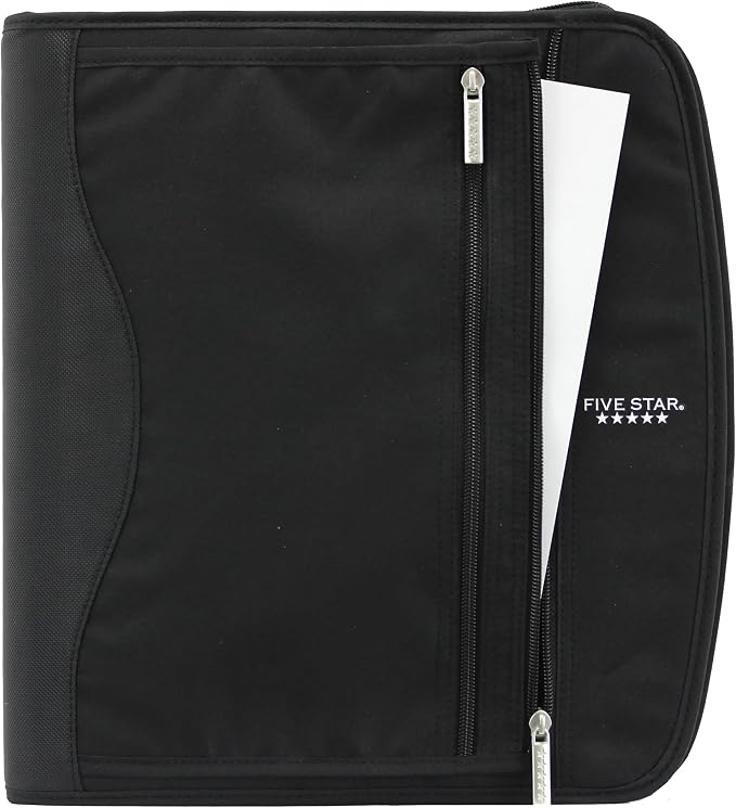 Five Star Zipper Binder, 2-Inch Capacity, 3 D-Rings, Exterior Zippered Pockets, Interior Mesh Pouch, Easy Grip Spine, Black Cover (66352)