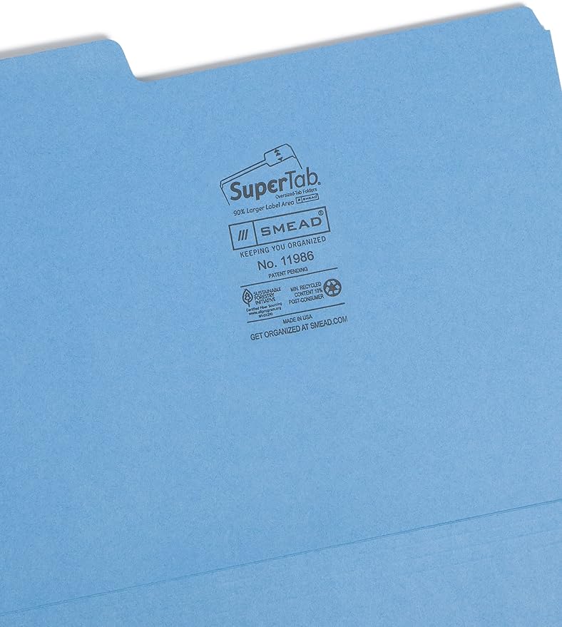 Smead SuperTab File Folder, Oversized 1/3-Cut Tab, Letter Size, Blue, 100 per Box (11986), Pack of 1
