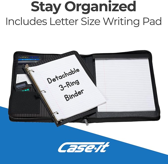 Case-it Zipper Padfolio | Letter Size | 3-Ring Binder | PAD-40 Black | Executive, Removable 3-Ring Binder, Letter Size Writing Pad, Pebbled Faux Leather, School & Office