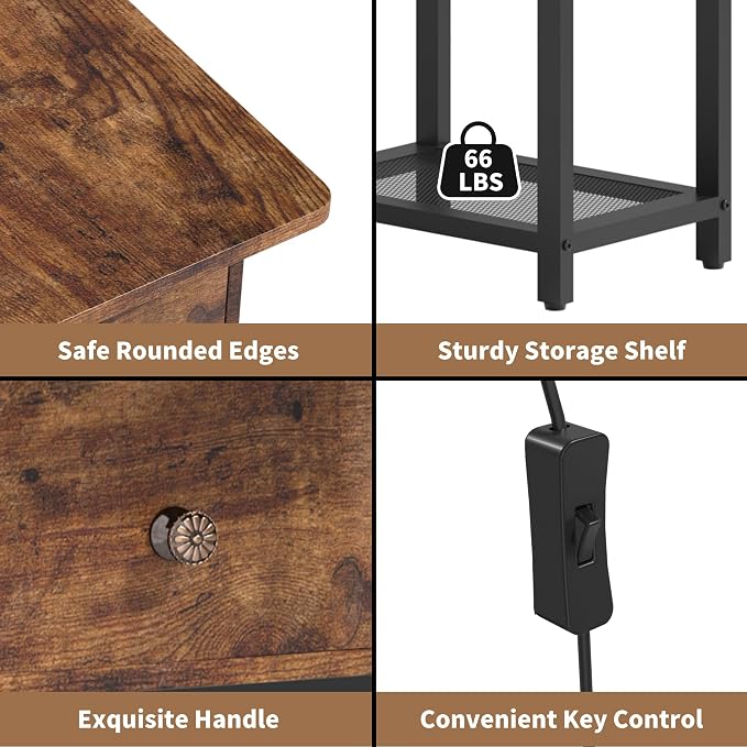 runjuly Floor Lamp with Table, Narrow Side Table with Charging Station | Wood Drawer, Built in Type-C and USB Port, Light Attached Nightstand, End Table for Living Room / Bedroom, Rustic Brown