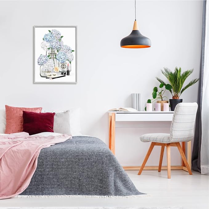 Glam Hydrangea Perfume Bottle Still Life, 24 x 30 Inch Framed Giclée Print | Stupell Industries · By Ziwei Li · Ready to hang · Chic gift for bedroom or dressing room · Made in USA