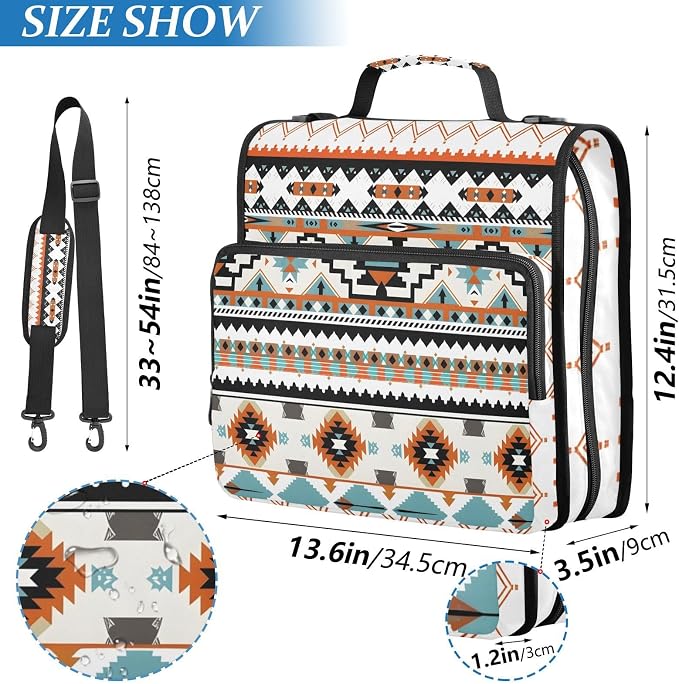 Aztec Indian Paisley Western Zipper Binder Bag 3 Ring Binder with Shoulder Strap Zip Up 500 Sheets Capacity Multi Pockets for School Office Supplies
