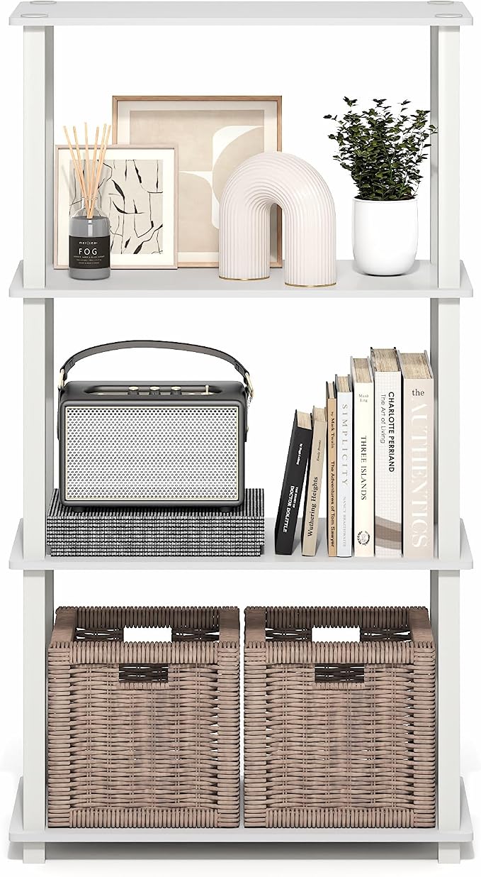 Furinno Turn-S-Tube Storage Shelves, 4-Tier Book Shelf, Corner Shelf, Toolless Open Frame Standing Shelves, for Organization and Storage, Living Room, Garage, Home Office, White
