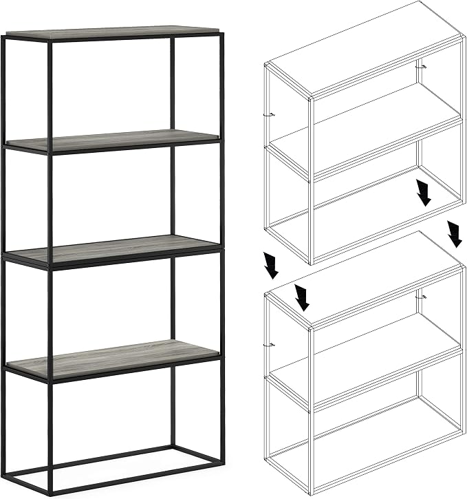 Furinno Moretti 2-Tier Metal Frame Storage Shelves, French Oak Grey | Easy Assembly, Stackable, Rectangular, Book Shelf, Display Shelf, for Organization, Living Room, Garage, Home Office