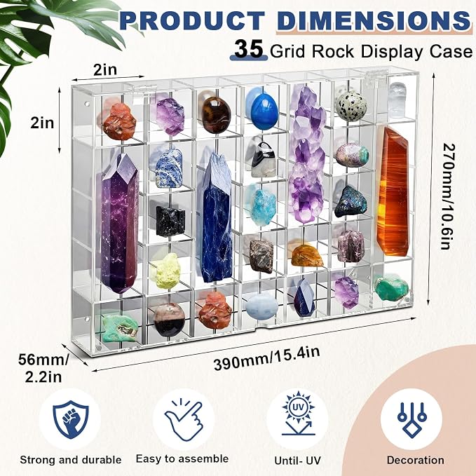 Cinnvoice Rock Display Case 35 Grids,Transparent Border, Square | Adjustable Acrylic Display Case, Crystal Organizer for Collectible, with Built-in Mirrored, Magnetic Door, Wall Mount