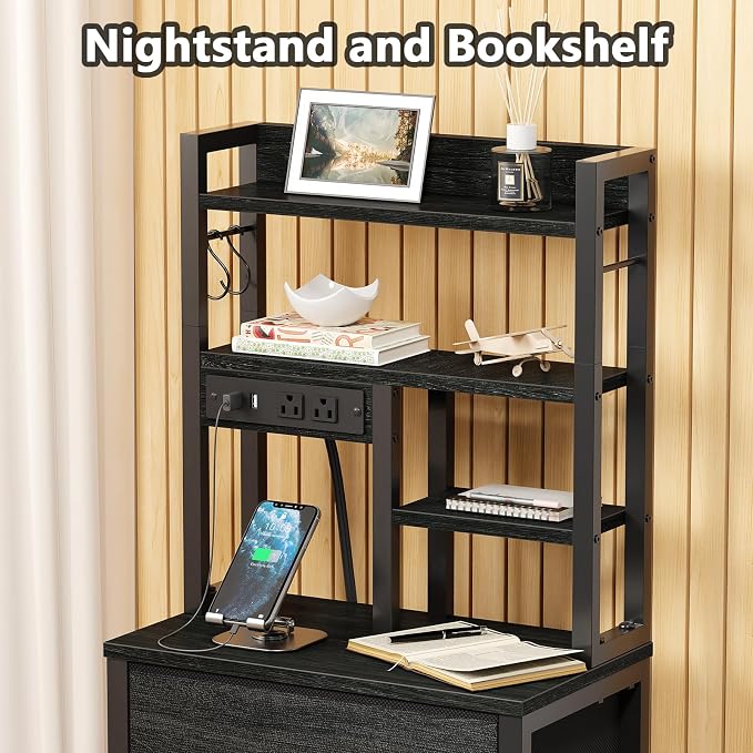 Tall Nightstand, LED Night Stand with Charging Station | USB Ports, 4 Fabric Drawers and 4 Tier Storage Shelf, Nightstands Bedside Tables for Bedroom, Dorm, Office (Black Oak)