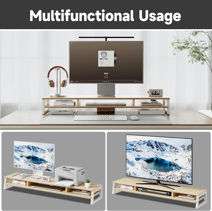 Dual Monitor Stand Riser for Desk, 41.7 Inch Large 2 Tier Computer Monitor Stand for 2 Monitors, Desktop Storage Organizer Shelf with Keyboard Space for Laptop PC Printer, Beige