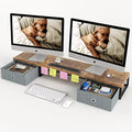 39 Inch Dual Monitor Stand Riser with 2 Drawers - Large Brown Wooden Computer Stand for 2 Monitors, Ergonomic Desk Organizer with Phone Holder, Desktop Storage for Laptop, Office Supplies, Home Office