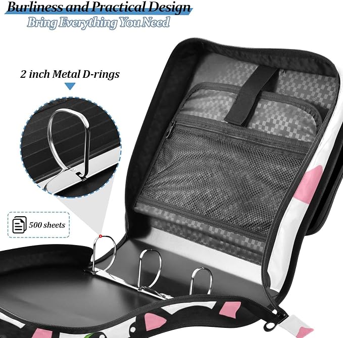 3 Ring Zipper Binder with Shoulder Strap Cat Black White Cartoon 2 Inch Zippered Binder Bag 500 Sheet Capacity Multi Pockets for School Supplies