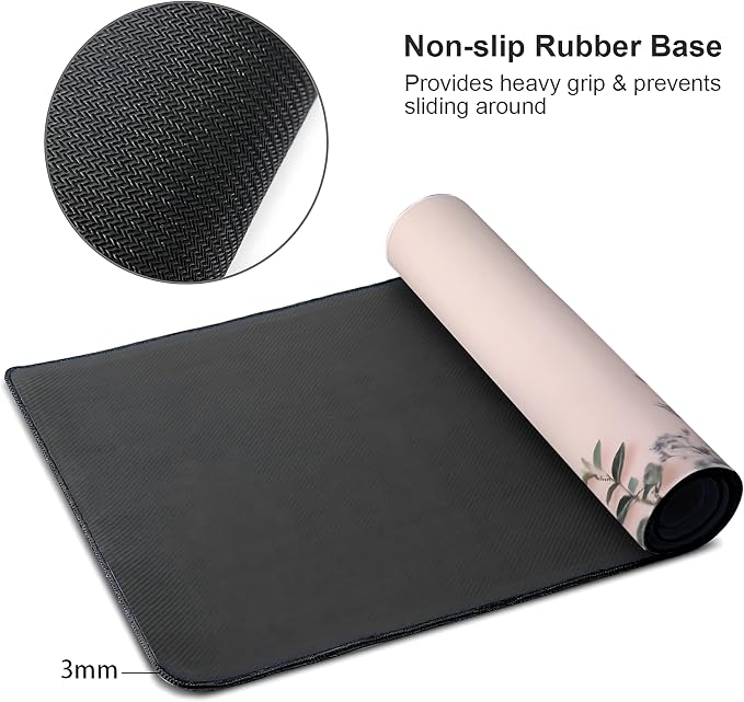 Cute Floral Aesthetic Wildflower Large Mouse Pad, Pink Macaron Desk Mat with Anti-Slip Base & Stitched Edges, Computer Keyboard & Laptop Pad, 35.4" x 15.7" in in Workstation Accessories