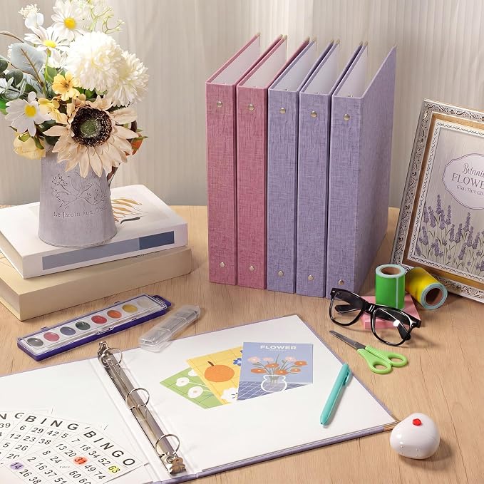 Fulmoon 2 Pcs Aesthetic 3 Ring Binders with Linen Cover 1 Inch Round Rings Binder with Inner Pocket 8.5" x 11" Binder Fits Letter Sized Durable for School Office and Home(Pink, Lavender)