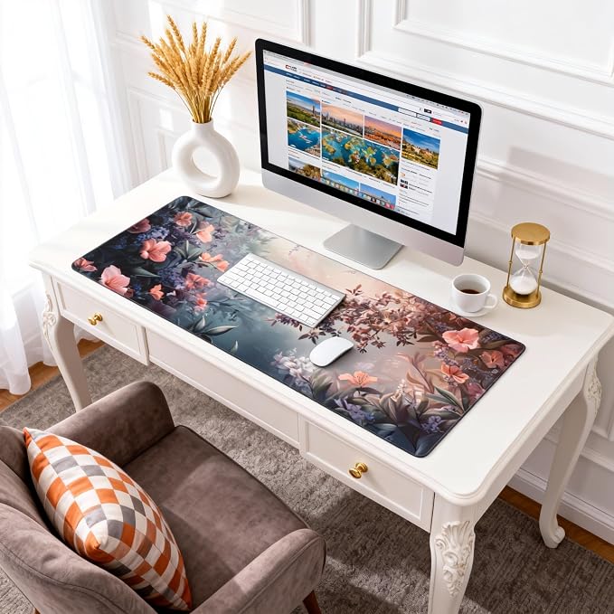Cute Floral Aesthetic Azalea Gaming Mouse Pad, Ink Blue Red Dreamy Desk Mat with Anti-Slip Base & Stitched Edges,35.4" x 15.7" in Table Mat for Computer Desktop, Beautiful Workstation Decor