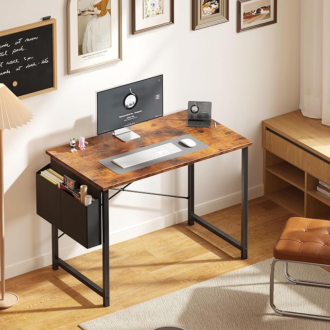 OLIXIS Small Computer Desk, 40 Inch Gaming Desks for Home Office | Writing Study Craft Work Table, Computer Workstation for Bedroom Small Spaces with Storage Bag, Brown