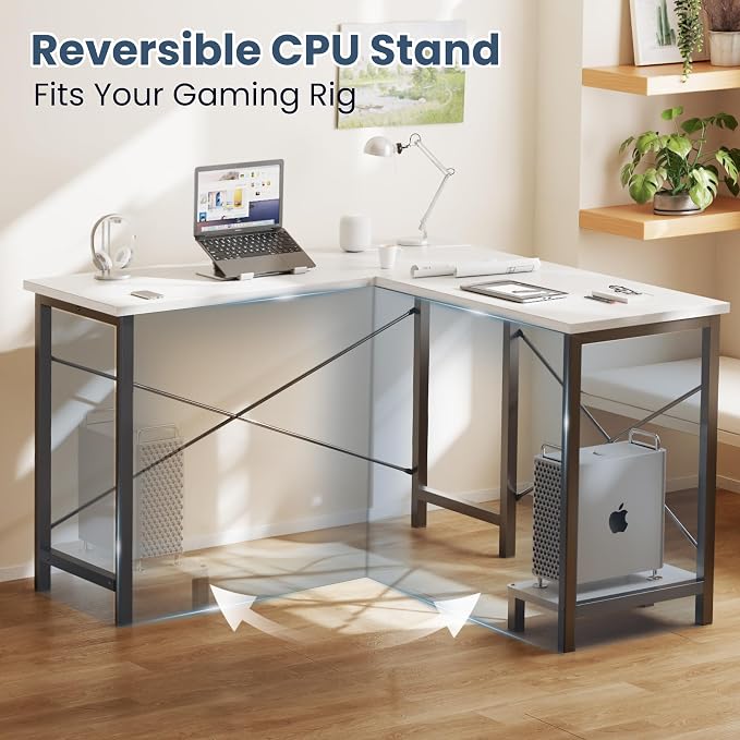 DUMOS 50-Inch Reversible L Shaped Desk with CPU Shelf, White | Computer Desk with Sturdy Metal Frame, Corner Gaming Desk, Home Office Desk for Study, Writing and Work, Sturdy Modern Design
