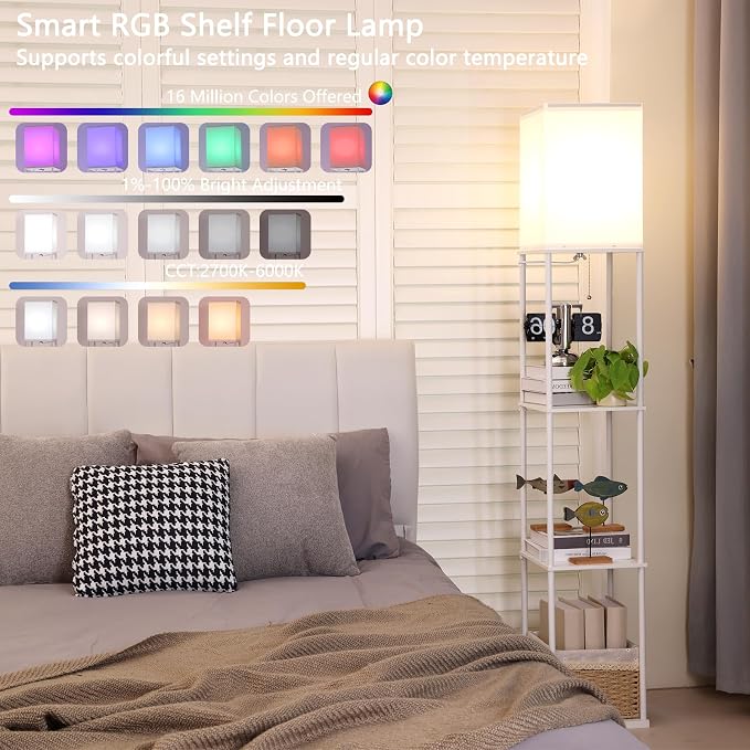 Gupuzm Floor Lamp with Shelves, with Modern Square Standing Lamp with Smart APP Control RGB Bulb, Corner Display Bookshelf Lamp for Living Room, Bedroom and Office (White-9RGB)