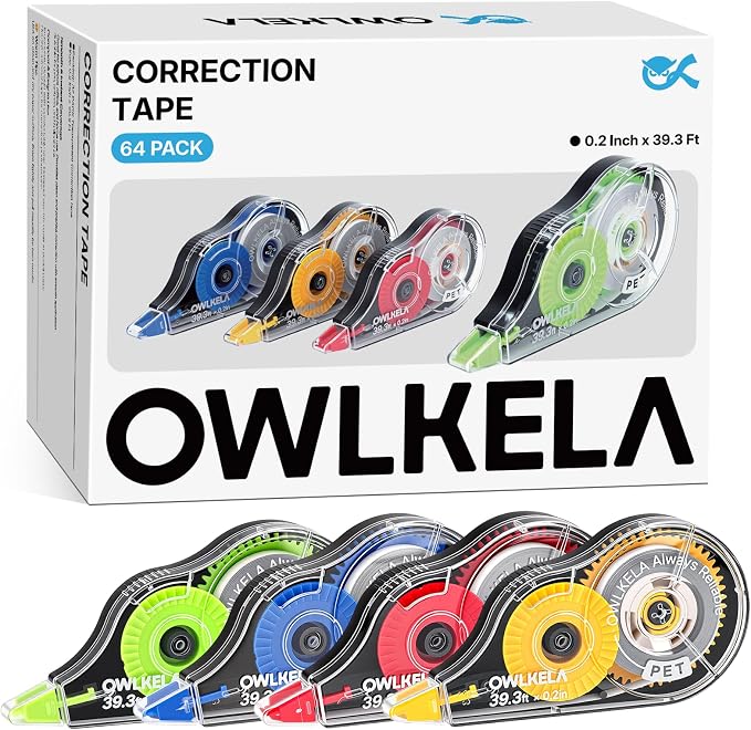 OWLKELA 64Pcs Correction Tape, 39.3 Ft, Colored core