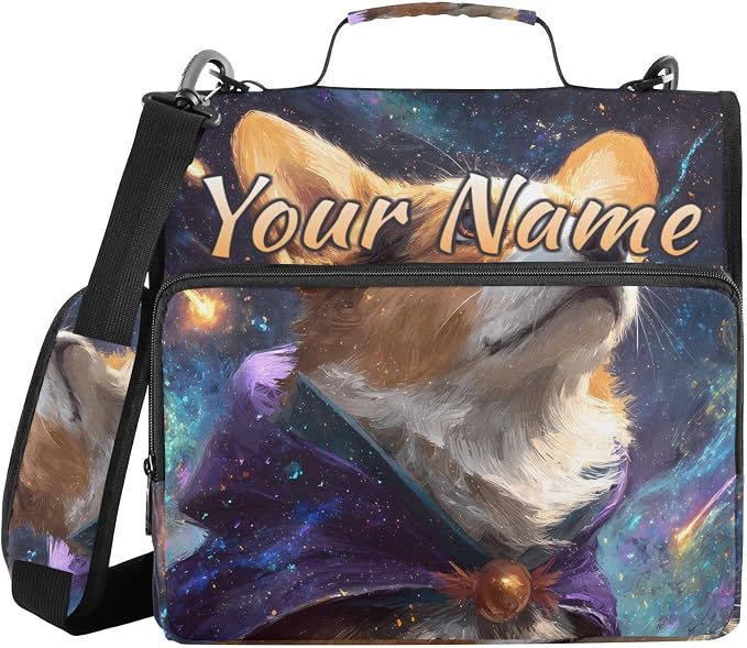 Custom 3 Ring Zipper Binder Corgi Starry Sky Galaxy Personalized Name 2 Inch Zippered Binder Bag Multi Pockets for School Supplies