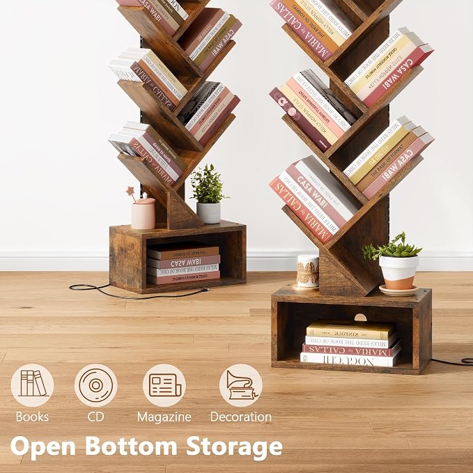 Hoctieon 9 Tier Tree Bookshelf, Tall Bookcase, Freestanding Book Shelf with LED Lights, Display Floor Standing Storage Shelf, Book Organizer Shelves for Home Office, Living Room, Rustic Brown
