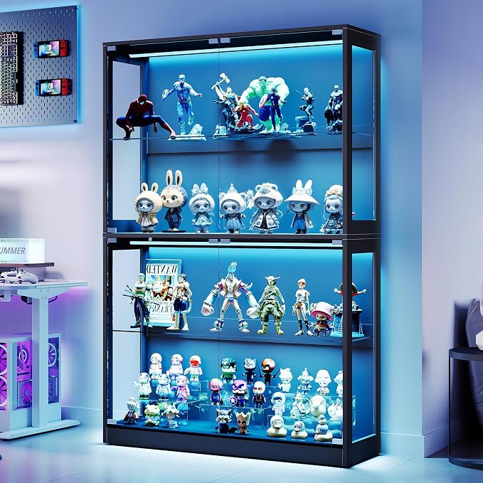 AMERLIFE 45-Inch RGB Display Cabinet with Glass Doors | 70 H x 45 W x 16 D In, 4-Tier Storage, Adjustable Glass Shelves, RGB LED Lights, Press-to-Open Doors, Black