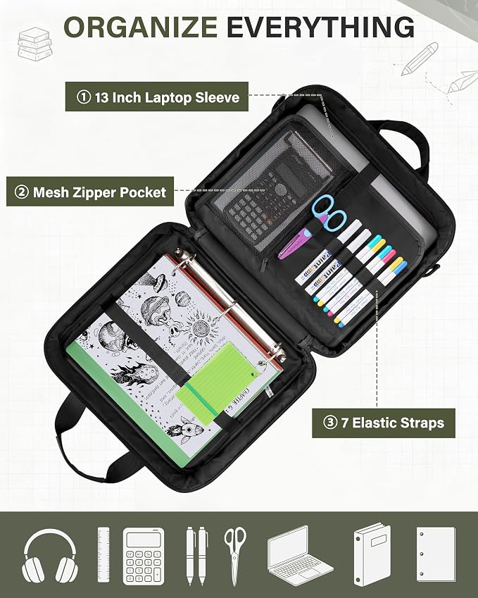 Fasrom Tactical 3 Ring Zipper Binder, 2 Inch Binder Organzier Bag for Men | 2-Inch O-Ring, Holds 500 Sheets, Fits 13-Inch Laptop, 3 Exterior Pockets, Shoulder Strap for Work & Office, Black