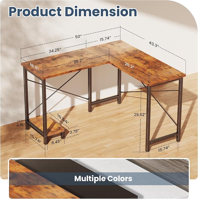 DUMOS 50-Inch Reversible L Shaped Desk with CPU Shelf, Brown | Computer Desk with Sturdy Metal Frame, Corner Gaming Desk, Home Office Desk for Study, Writing and Work, Sturdy Modern Design