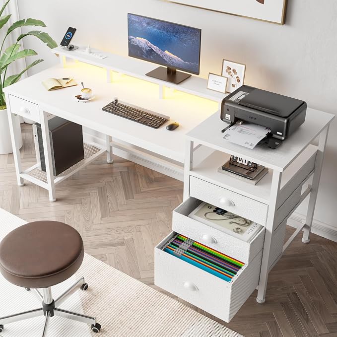 Furologee 60" White Computer Desk with 4 Drawers, Power Outlet, LED Lights | Home Office Desk with Full Monitor Stand,Storage Shelves, 4 File Drawers Cabinet ,Printer Space for Study Working Bedroom