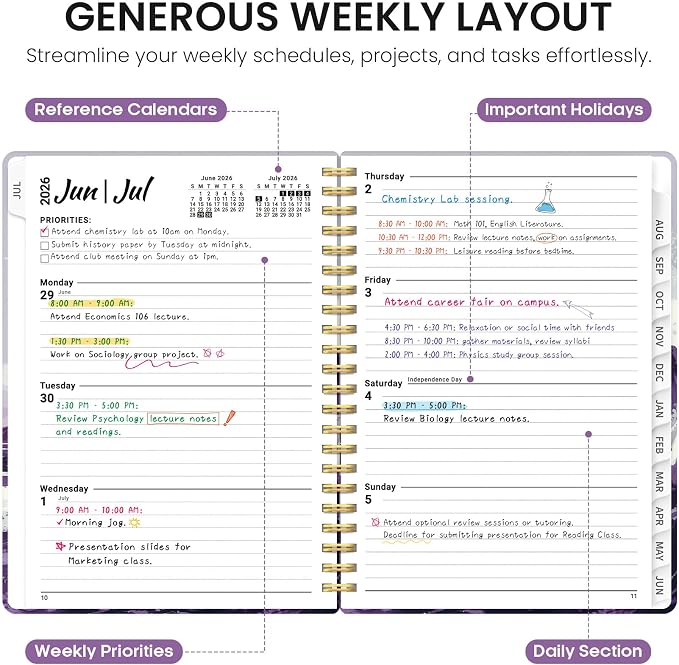 Planner 2026-2027, Monthly & Weekly Jul 2026-Jun 2027 Calendar Book | 6.3" x 8.5", Hardcover Spiral Planner with Tabs, School & Daily Pretty Agenda for Women, Students, Teachers, Violet Surge