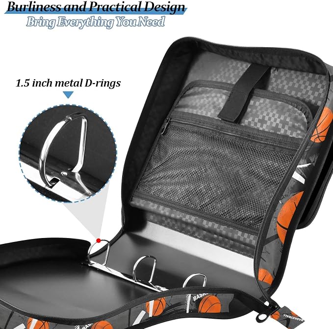Aslsiy Zipper Binder Bag for Girls Boys Grunge Basketball Pattern Kids 1.5 inch 3-Ring Binder Organizer with Shoulder Strap for School Office Supplies