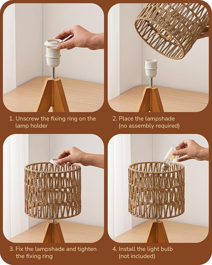 EDISHINE Rattan Small Table Lamp, Boho Nightstand Lamp, 14.2", E26 Base | Natural Style, Wood Tripod Base, Rosewood Color & W-Pattern Shade, Bedside Lamp for Living Room, End Table, Office