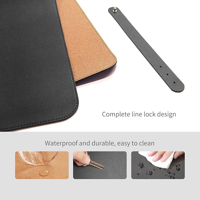 RENMTURE Dual-Sided Mouse Pad, Natural Cork & PU Leather Large Desk Pad for Office and Home Work, Desk Protector Non-Slip, Waterproof, Easy Clean (Black, 32"x16")