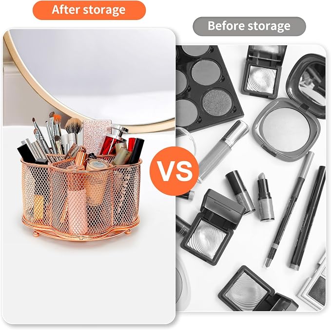 Pen Holder for Desk,360 Degree Rotating Pencil Holder Organizer | 5 Compartments,Large Capacity Pencil Holder for Desk,Metal Rust Prevention,Pen Organizers for Home(Rose Gold, No hook)