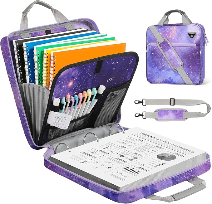MoKo Zipper Binder, 2 inch 3 Ring Binder with 500 Sheet Capacity Multi-Pocket School Bag with Padded Shoulder Strap Handle, School Supplies Organizer for Middle Student, Star Purple | Water-repellent 900D Oxford fabric with 5 file folders, 3 mesh pocke...
