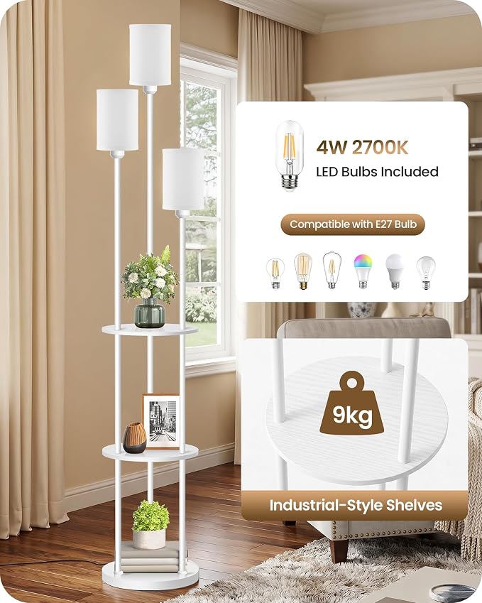 Floor Lamp with Shelves, Modern Floor Lamp with 3 Linen Shades and Foot Switch, 3-Light Standing Lamp, for Living Room, Bedroom, Study, Office, White W53LD05