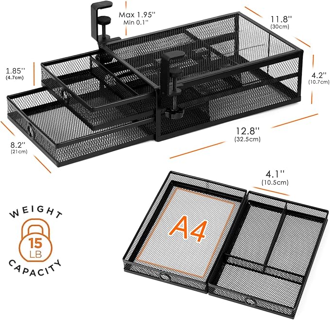 Under Desk Drawer, Clamp on Desk Organizer Slide Out Table Storage No Drill | 2Tier Under desk drawer: clamp on desk organizer, under desk drawer slide out, hanging desk organizer, no drill table storage