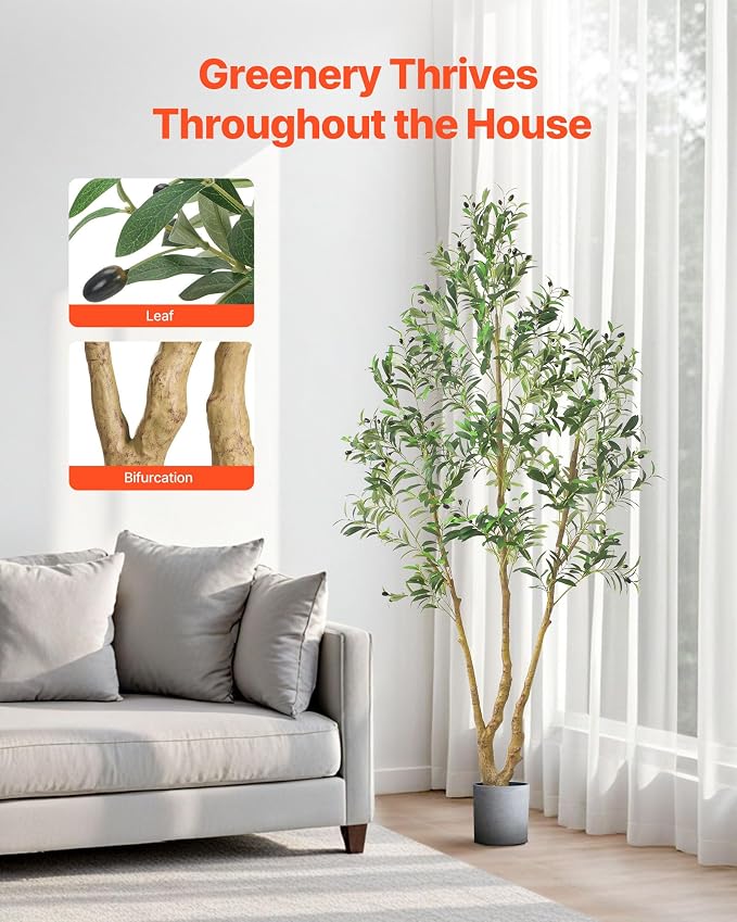 VEVOR 7FT Artificial Olive Tree with Black Pot, Tall Fake Tree with Natural Wood Trunk & Realistic Green Leaves and Fruits, Indoor Faux Plant for Home, Office, Living Room, Corner Decor
