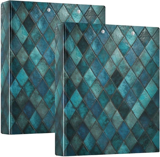 Vintage Teal and Turquoise Tiles Binder 3 Ring 1.5 Inch Binder with Clipboard&Pockets, Hardcover Binders Heavy Duty Large File Folder for Office School Supplies - Holds 200 Sheets, 2 PC